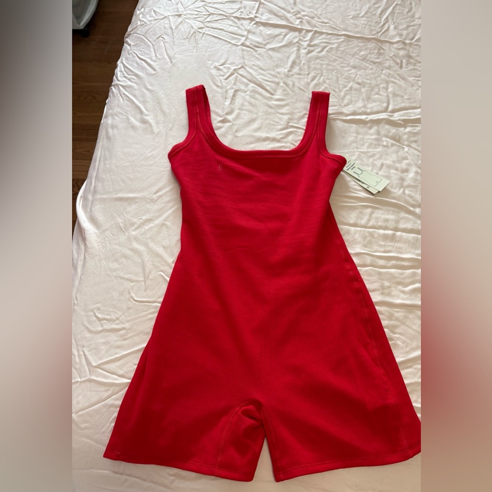 Red Ribbed Square Neck Romper